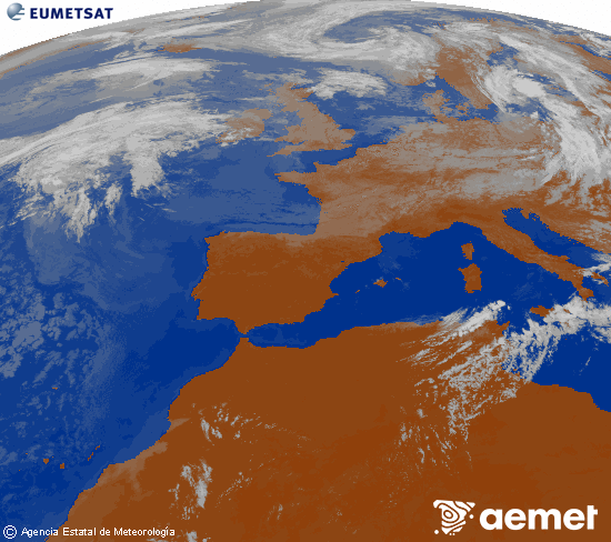 Imagen de la zona de Europa y Norte de �frica del canal infrarrojo del sat�lite Meteosat operacional en 0�N 0�W, procesada para darle color.&nbsp;lundi, 27 juillet  2026 11:00