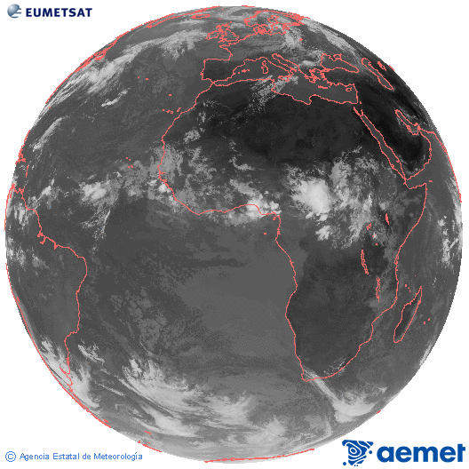 Imagen global del canal infrarrojo (10.8 &mu;m) del sat�lite Meteosat, perteneciente a la serie MSG (Meteosat Segunda Generaci�n) y situado en 0�N 0�E.&nbsp;lunes, 27 julio 2026 a las 11:00