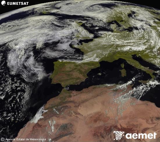 Esta imagen se genera utilizando informaci�n de los canales visibles del sat�lite METEOSAT perteneciente a la segunda generaci�n de sat�lites Meteosat (MSG). Por ese motivo, s�lo hay informaci�n en la zona iluminada por el sol. Adem�s, los canales han sido normalizados para que el brillo no dependa de la posici�n del sol.&nbsp;astelehena, 2026ko uztailak 27, ordua: 12:00
