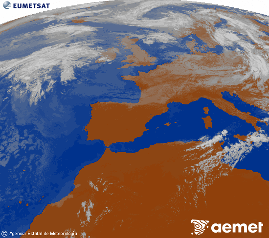 Imagen de la zona de Europa y Norte de �frica del canal infrarrojo del sat�lite Meteosat operacional en 0�N 0�W, procesada para darle color.&nbsp;lundi, 27 juillet  2026 12:00