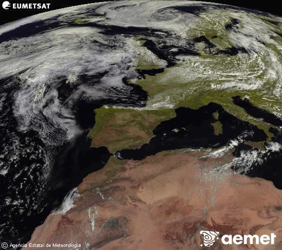 Esta imagen se genera utilizando informaci�n de los canales visibles del sat�lite METEOSAT perteneciente a la segunda generaci�n de sat�lites Meteosat (MSG). Por ese motivo, s�lo hay informaci�n en la zona iluminada por el sol. Adem�s, los canales han sido normalizados para que el brillo no dependa de la posici�n del sol.&nbsp;astelehena, 2026ko uztailak 27, ordua: 13:00