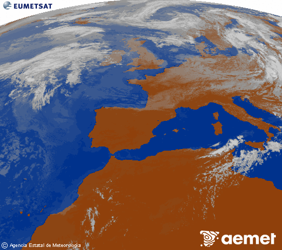 Imagen de la zona de Europa y Norte de �frica del canal infrarrojo del sat�lite Meteosat operacional en 0�N 0�W, procesada para darle color.&nbsp;lundi, 27 juillet  2026 13:00