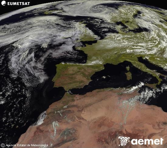 Esta imagen se genera utilizando informaci�n de los canales visibles del sat�lite METEOSAT perteneciente a la segunda generaci�n de sat�lites Meteosat (MSG). Por ese motivo, s�lo hay informaci�n en la zona iluminada por el sol. Adem�s, los canales han sido normalizados para que el brillo no dependa de la posici�n del sol.&nbsp;astelehena, 2026ko uztailak 27, ordua: 14:00