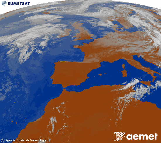 Imagen de la zona de Europa y Norte de �frica del canal infrarrojo del sat�lite Meteosat operacional en 0�N 0�W, procesada para darle color.&nbsp;lundi, 27 juillet  2026 14:00