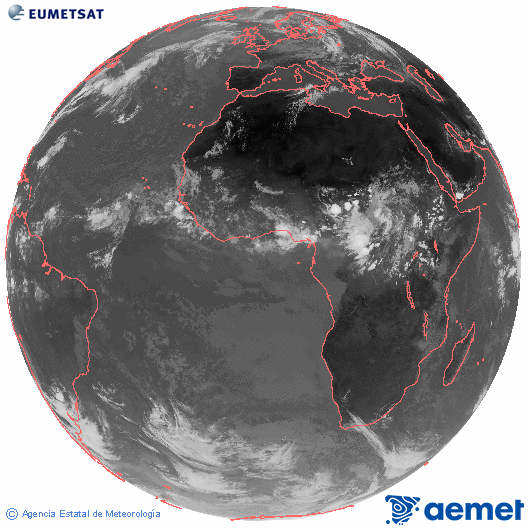 Imagen global del canal infrarrojo (10.8 &mu;m) del sat�lite Meteosat, perteneciente a la serie MSG (Meteosat Segunda Generaci�n) y situado en 0�N 0�E.&nbsp;lunes, 27 julio 2026 a las 14:00