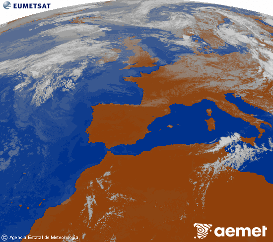 Imagen de la zona de Europa y Norte de �frica del canal infrarrojo del sat�lite Meteosat operacional en 0�N 0�W, procesada para darle color.&nbsp;lundi, 27 juillet  2026 15:00