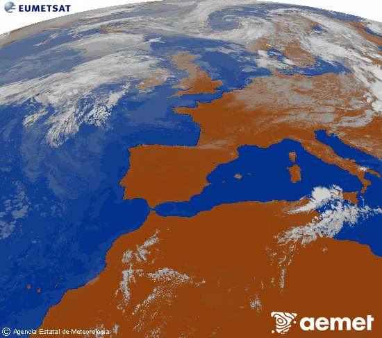 Imagen de la zona de Europa y Norte de �frica del canal infrarrojo del sat�lite Meteosat operacional en 0�N 0�W, procesada para darle color.&nbsp;lundi, 27 juillet  2026 16:00