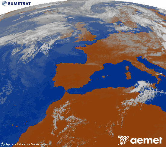 Imagen de la zona de Europa y Norte de �frica del canal infrarrojo del sat�lite Meteosat operacional en 0�N 0�W, procesada para darle color.&nbsp;lundi, 27 juillet  2026 17:00
