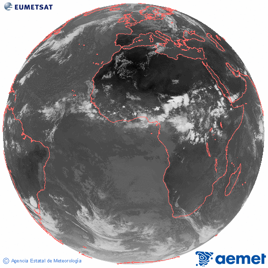 Imagen global del canal infrarrojo (10.8 &mu;m) del sat�lite Meteosat, perteneciente a la serie MSG (Meteosat Segunda Generaci�n) y situado en 0�N 0�E.&nbsp;lunes, 27 julio 2026 a las 17:00