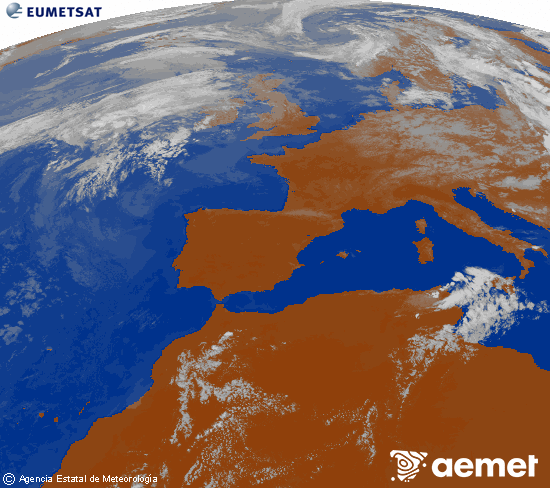 Imagen de la zona de Europa y Norte de �frica del canal infrarrojo del sat�lite Meteosat operacional en 0�N 0�W, procesada para darle color.&nbsp;Monday, 27 July  2026 18:00
