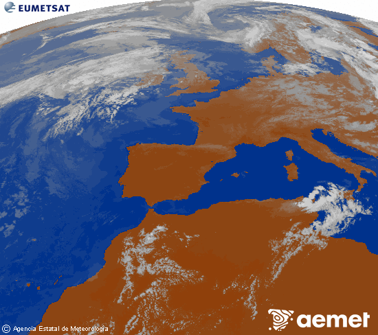 Imagen de la zona de Europa y Norte de �frica del canal infrarrojo del sat�lite Meteosat operacional en 0�N 0�W, procesada para darle color.&nbsp;Monday, 27 July  2026 19:00