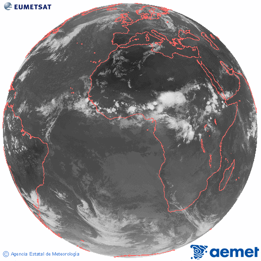Imagen global del canal infrarrojo (10.8 &mu;m) del sat�lite Meteosat, perteneciente a la serie MSG (Meteosat Segunda Generaci�n) y situado en 0�N 0�E.&nbsp;lunes, 27 julio 2026 a las 20:00