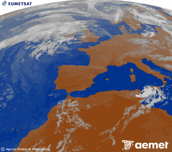 Imagen de la zona de Europa y Norte de �frica del canal infrarrojo del sat�lite Meteosat operacional en 0�N 0�W, procesada para darle color.&nbsp;Monday, 27 July  2026 22:00