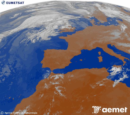 Imagen de la zona de Europa y Norte de �frica del canal infrarrojo del sat�lite Meteosat operacional en 0�N 0�W, procesada para darle color.&nbsp;Tuesday, 28 July  2026 02:00