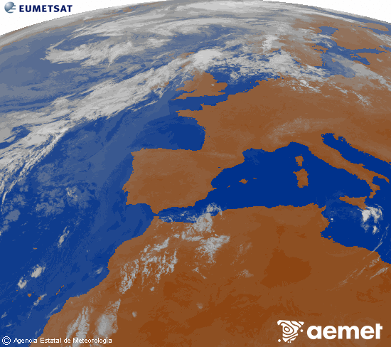 Imagen de la zona de Europa y Norte de �frica del canal infrarrojo del sat�lite Meteosat operacional en 0�N 0�W, procesada para darle color.&nbsp;Wednesday, 29 July  2026 08:00