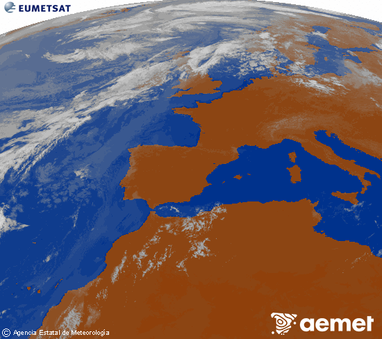 Imagen de la zona de Europa y Norte de �frica del canal infrarrojo del sat�lite Meteosat operacional en 0�N 0�W, procesada para darle color.&nbsp;Wednesday, 29 July  2026 11:00