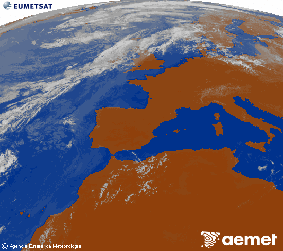 Imagen de la zona de Europa y Norte de �frica del canal infrarrojo del sat�lite Meteosat operacional en 0�N 0�W, procesada para darle color.&nbsp;Wednesday, 29 July  2026 13:00