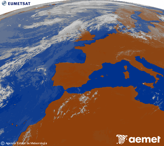 Imagen de la zona de Europa y Norte de �frica del canal infrarrojo del sat�lite Meteosat operacional en 0�N 0�W, procesada para darle color.&nbsp;Wednesday, 29 July  2026 14:00
