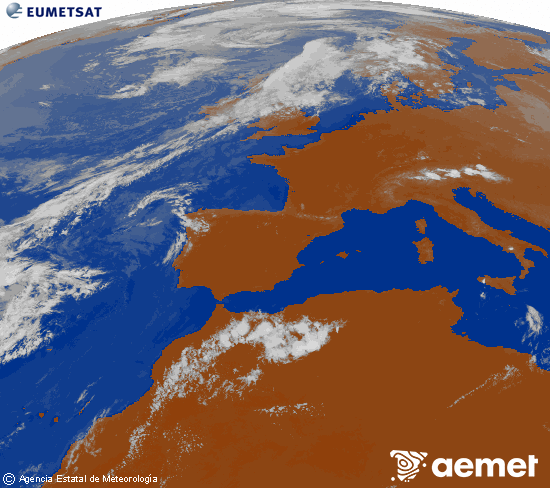 Imagen de la zona de Europa y Norte de �frica del canal infrarrojo del sat�lite Meteosat operacional en 0�N 0�W, procesada para darle color.&nbsp;Wednesday, 29 July  2026 19:00