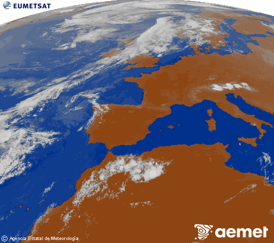 Imagen de la zona de Europa y Norte de �frica del canal infrarrojo del sat�lite Meteosat operacional en 0�N 0�W, procesada para darle color.&nbsp;Wednesday, 29 July  2026 20:00