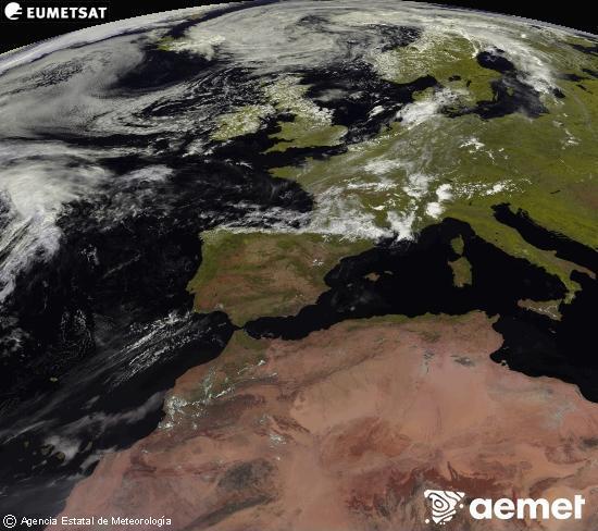 Esta imaxe x�rase utilizando informaci�n das canles visibles do sat�lite METEOSAT pertencente � segunda xeraci�n de sat�lites  Meteosat (MSX). Por ese motivo, s� hai informaci�n na zona iluminada polo sol. Ademais, as canles foron normalizadas para que o brillo non dependa da posici�n do sol.&nbsp;venres, 31 xullo  2026 14:00
