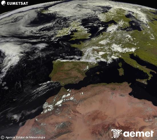 Esta imaxe x�rase utilizando informaci�n das canles visibles do sat�lite METEOSAT pertencente � segunda xeraci�n de sat�lites  Meteosat (MSX). Por ese motivo, s� hai informaci�n na zona iluminada polo sol. Ademais, as canles foron normalizadas para que o brillo non dependa da posici�n do sol.&nbsp;venres, 31 xullo  2026 16:00