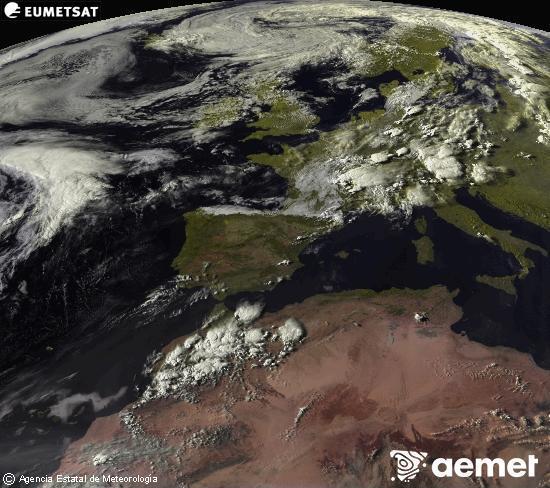 Esta imaxe x�rase utilizando informaci�n das canles visibles do sat�lite METEOSAT pertencente � segunda xeraci�n de sat�lites  Meteosat (MSX). Por ese motivo, s� hai informaci�n na zona iluminada polo sol. Ademais, as canles foron normalizadas para que o brillo non dependa da posici�n do sol.&nbsp;venres, 31 xullo  2026 19:00