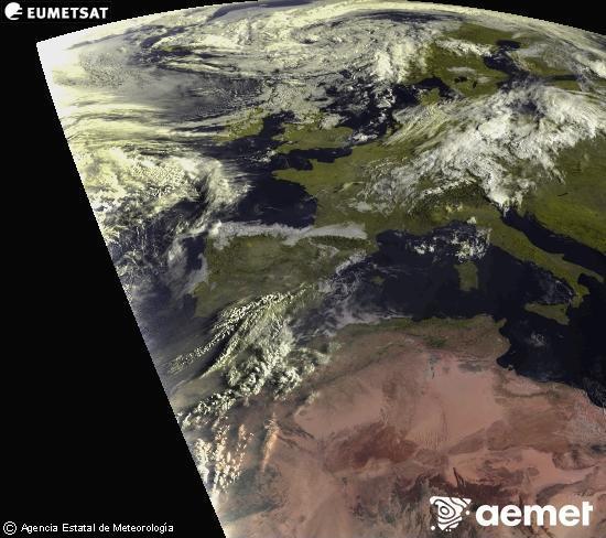 Esta imagen se genera utilizando informaci�n de los canales visibles del sat�lite METEOSAT perteneciente a la segunda generaci�n de sat�lites Meteosat (MSG). Por ese motivo, s�lo hay informaci�n en la zona iluminada por el sol. Adem�s, los canales han sido normalizados para que el brillo no dependa de la posici�n del sol.&nbsp;s�bado, 01 agosto 2026 a las 08:00