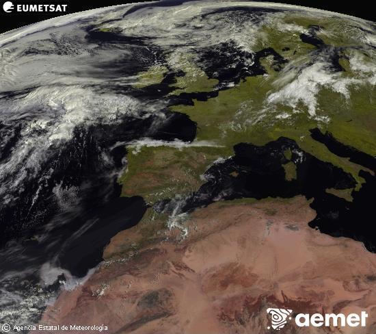 Esta imagen se genera utilizando informaci�n de los canales visibles del sat�lite METEOSAT perteneciente a la segunda generaci�n de sat�lites Meteosat (MSG). Por ese motivo, s�lo hay informaci�n en la zona iluminada por el sol. Adem�s, los canales han sido normalizados para que el brillo no dependa de la posici�n del sol.&nbsp;s�bado, 01 agosto 2026 a las 11:00