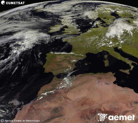 Esta imagen se genera utilizando informaci�n de los canales visibles del sat�lite METEOSAT perteneciente a la segunda generaci�n de sat�lites Meteosat (MSG). Por ese motivo, s�lo hay informaci�n en la zona iluminada por el sol. Adem�s, los canales han sido normalizados para que el brillo no dependa de la posici�n del sol.&nbsp;s�bado, 01 agosto 2026 a las 15:00
