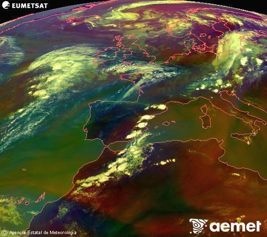 Composici� RGB en la qual es barregen diversos canals del sat�l�lit Meteosat operacional en 0�N 0�W, que ens d�na una idea de les caracter�stiques de les masses d'aire i de la nuvolositat.&nbsp;dissabte, 1 d?agost  2026 17:00