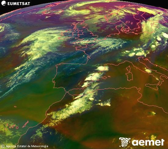Composici� RGB en la qual es barregen diversos canals del sat�l�lit Meteosat operacional en 0�N 0�W, que ens d�na una idea de les caracter�stiques de les masses d'aire i de la nuvolositat.&nbsp;dissabte, 1 d?agost  2026 20:00