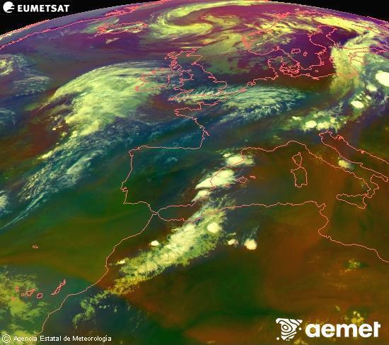 Composici� RGB en la qual es barregen diversos canals del sat�l�lit Meteosat operacional en 0�N 0�W, que ens d�na una idea de les caracter�stiques de les masses d'aire i de la nuvolositat.&nbsp;dissabte, 1 d?agost  2026 21:00