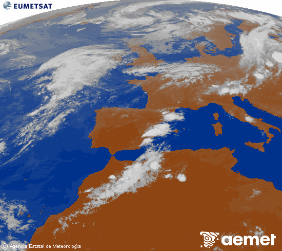Imagen de la zona de Europa y Norte de �frica del canal infrarrojo del sat�lite Meteosat operacional en 0�N 0�W, procesada para darle color.&nbsp;dissabte, 1 d?agost  2026 21:00