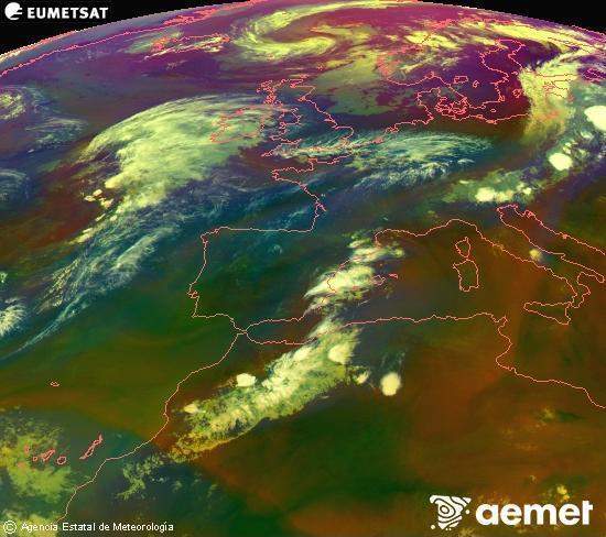 Composici� RGB en la qual es barregen diversos canals del sat�l�lit Meteosat operacional en 0�N 0�W, que ens d�na una idea de les caracter�stiques de les masses d'aire i de la nuvolositat.&nbsp;dissabte, 1 d?agost  2026 22:00