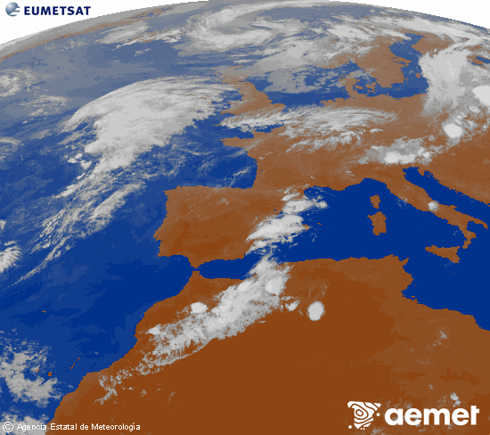 Imagen de la zona de Europa y Norte de �frica del canal infrarrojo del sat�lite Meteosat operacional en 0�N 0�W, procesada para darle color.&nbsp;dissabte, 1 d?agost  2026 22:00
