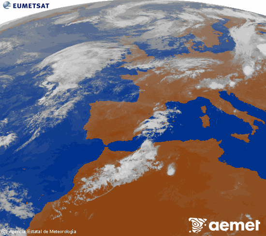 Imagen de la zona de Europa y Norte de �frica del canal infrarrojo del sat�lite Meteosat operacional en 0�N 0�W, procesada para darle color.&nbsp;dissabte, 1 d?agost  2026 23:00