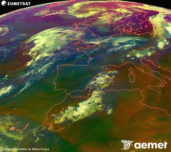 Composici� RGB en la qual es barregen diversos canals del sat�l�lit Meteosat operacional en 0�N 0�W, que ens d�na una idea de les caracter�stiques de les masses d'aire i de la nuvolositat.&nbsp;diumenge, 2 d?agost  2026 00:00