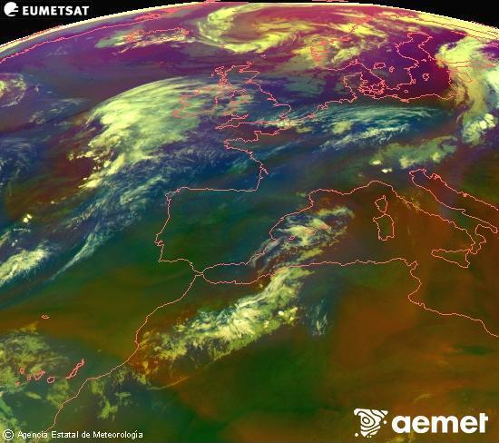 Composici� RGB en la qual es barregen diversos canals del sat�l�lit Meteosat operacional en 0�N 0�W, que ens d�na una idea de les caracter�stiques de les masses d'aire i de la nuvolositat.&nbsp;diumenge, 2 d?agost  2026 01:00