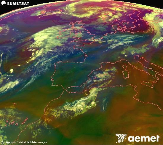 Composici� RGB en la qual es barregen diversos canals del sat�l�lit Meteosat operacional en 0�N 0�W, que ens d�na una idea de les caracter�stiques de les masses d'aire i de la nuvolositat.&nbsp;diumenge, 2 d?agost  2026 02:00