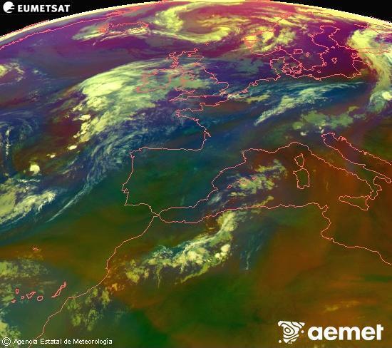 Composici� RGB en la qual es barregen diversos canals del sat�l�lit Meteosat operacional en 0�N 0�W, que ens d�na una idea de les caracter�stiques de les masses d'aire i de la nuvolositat.&nbsp;diumenge, 2 d?agost  2026 03:00