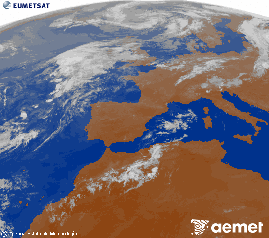Imagen de la zona de Europa y Norte de �frica del canal infrarrojo del sat�lite Meteosat operacional en 0�N 0�W, procesada para darle color.&nbsp;diumenge, 2 d?agost  2026 03:00
