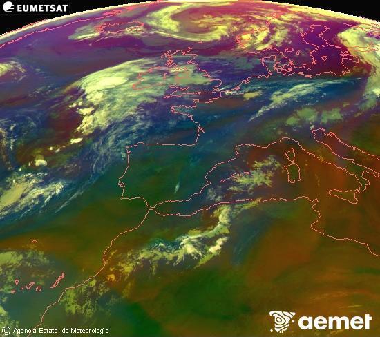 Composici� RGB en la qual es barregen diversos canals del sat�l�lit Meteosat operacional en 0�N 0�W, que ens d�na una idea de les caracter�stiques de les masses d'aire i de la nuvolositat.&nbsp;diumenge, 2 d?agost  2026 04:00