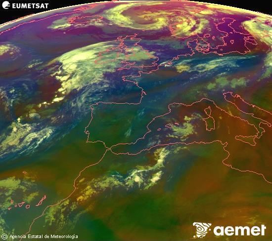 Composici� RGB en la qual es barregen diversos canals del sat�l�lit Meteosat operacional en 0�N 0�W, que ens d�na una idea de les caracter�stiques de les masses d'aire i de la nuvolositat.&nbsp;diumenge, 2 d?agost  2026 05:00