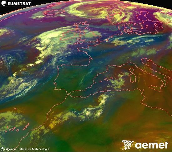Composici� RGB en la qual es barregen diversos canals del sat�l�lit Meteosat operacional en 0�N 0�W, que ens d�na una idea de les caracter�stiques de les masses d'aire i de la nuvolositat.&nbsp;diumenge, 2 d?agost  2026 06:00