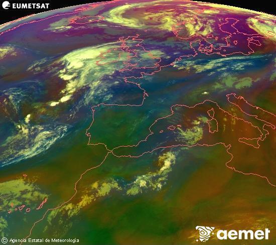 Composici� RGB en la qual es barregen diversos canals del sat�l�lit Meteosat operacional en 0�N 0�W, que ens d�na una idea de les caracter�stiques de les masses d'aire i de la nuvolositat.&nbsp;diumenge, 2 d?agost  2026 07:00