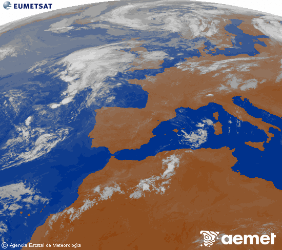Imagen de la zona de Europa y Norte de �frica del canal infrarrojo del sat�lite Meteosat operacional en 0�N 0�W, procesada para darle color.&nbsp;diumenge, 2 d?agost  2026 07:00