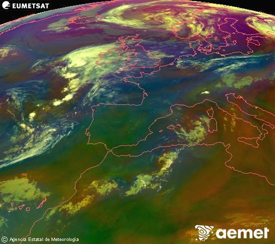 Composici� RGB en la qual es barregen diversos canals del sat�l�lit Meteosat operacional en 0�N 0�W, que ens d�na una idea de les caracter�stiques de les masses d'aire i de la nuvolositat.&nbsp;diumenge, 2 d?agost  2026 08:00