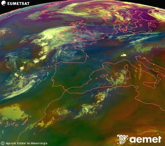 Composici� RGB en la qual es barregen diversos canals del sat�l�lit Meteosat operacional en 0�N 0�W, que ens d�na una idea de les caracter�stiques de les masses d'aire i de la nuvolositat.&nbsp;diumenge, 2 d?agost  2026 09:00