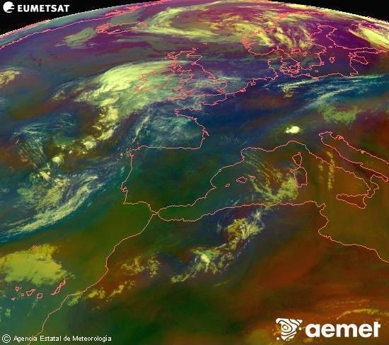 Composici� RGB en la qual es barregen diversos canals del sat�l�lit Meteosat operacional en 0�N 0�W, que ens d�na una idea de les caracter�stiques de les masses d'aire i de la nuvolositat.&nbsp;diumenge, 2 d?agost  2026 10:00